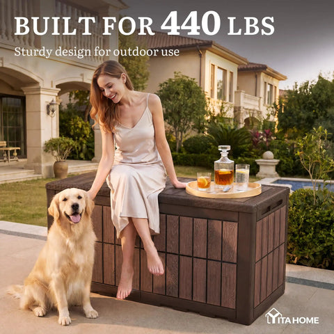 Woman sitting on 134 Gallon Waterproof Resin Outdoor Deck Box With Lock Doubles As Bench Seating For Patio Cushions Garden Tools And Pool Accessories No Fuss Heavy Duty Weather Ready Dark Brown Wood Grain Finish with dog