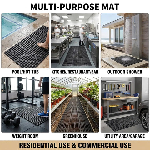 Anti Fatigue Rubber Floor Mat 36 x 36 Inch Interlocking Black Grippy Heavy Duty Anti Slip Kitchen Bar Floor Mat For Restaurant Wet Areas Bath Garage And Garden Use in various settings including pool, kitchen, and garage.