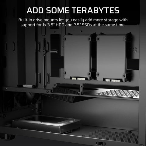 3200D RS Mid Tower PC Case With 3 RS120 PWM Fans Included showing drive mounts for HDD and SSD installation
