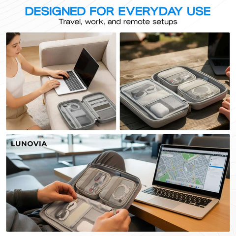 Knock Off Cable Tangles Grab And Go Hard Shell Tech Organizer With Removable Pouches For Phones Chargers Earbuds Mouse And Cords, shown in use during travel.