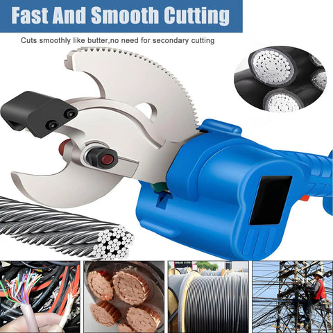 Beast Cordless Electric Cable Cutter With Eight Hour Runtime cutting armored cable and steel core wire effortlessly.