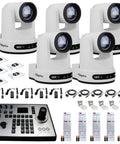 Straight Fire Bundle Featuring Five 4K PTZ Cameras With 20x Optical Zoom And SDI HDMI USB IP Support Plus One Smooth Joystick Controller And Five White Wall Mounts For Streamers, showcasing five cameras and joystick.