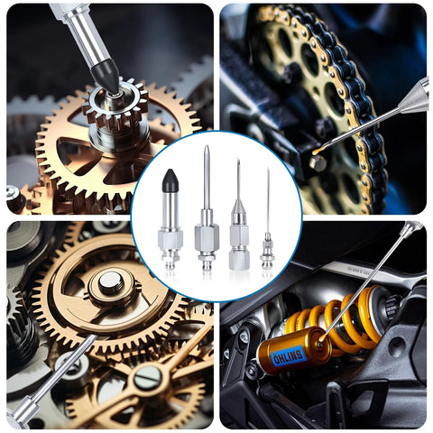 5-piece grease gun needle accessory set with metal needles and rubber coupler for narrow, deep spaces (collage views)