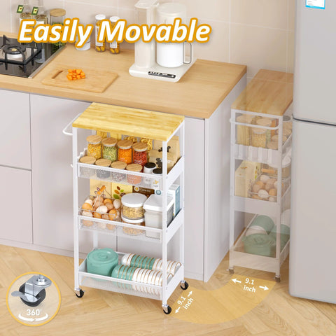 Slim Rolling Utility Cart Four Tier Metal Narrow Storage Cart with Wood Top and Handle in kitchen beside appliances