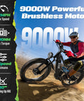 Rider on Beast Mode 9000W Dual Motor Electric Fat Tire Mountain Bike for Adults with SHM 7 Speed Gear, 52 MPH, climbing a hill.