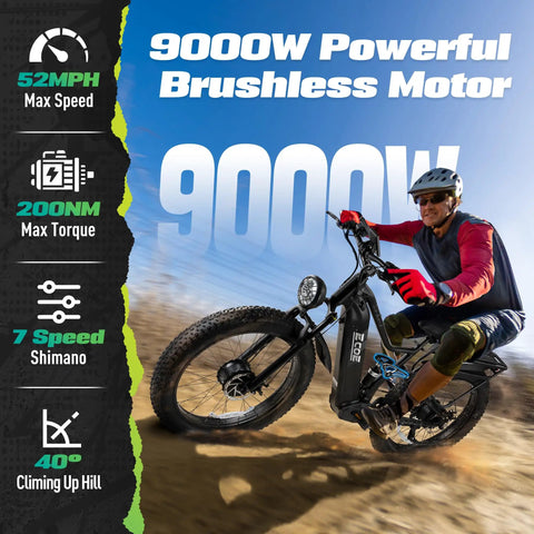 Powerful Dual Motor 9000W Fat Tire Electric Bike For Adults, Off Road Beast With 52 MPH Top Speed, 26x4 Fat Tires, Full Suspension, SHM 7 Speed Gear, 60V Battery, All Terrain E Bike For Epic Rides on a dirt trail