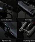 Close-up of Twister Arm Exerciser With Adjustable Hydraulic Resistance From 22 To 440 Lbs showing exercise band hook, adjustment knob, comfort grip, and storage buckle.