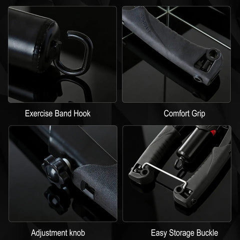 Close-up of Twister Arm Exerciser With Adjustable Hydraulic Resistance From 22 To 440 Lbs showing exercise band hook, adjustment knob, comfort grip, and storage buckle.