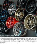Sick Glossy White Steel Golf Cart Wheels And Durable Turf Replacement Tires Set Of Four With Snap Fit 4X4 Bolt Pattern For Hella Smooth Course Cruising displayed on a wall.