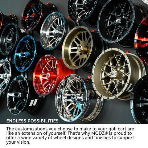 Sick Glossy White Steel Golf Cart Wheels And Durable Turf Replacement Tires Set Of Four With Snap Fit 4X4 Bolt Pattern For Hella Smooth Course Cruising displayed on a wall.