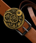 Handcrafted 3d Steampunk Gear Pewter Belt Buckle For Men And Women on a brown leather belt.