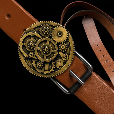 Handcrafted 3d Steampunk Gear Pewter Belt Buckle For Men And Women on a brown leather belt.