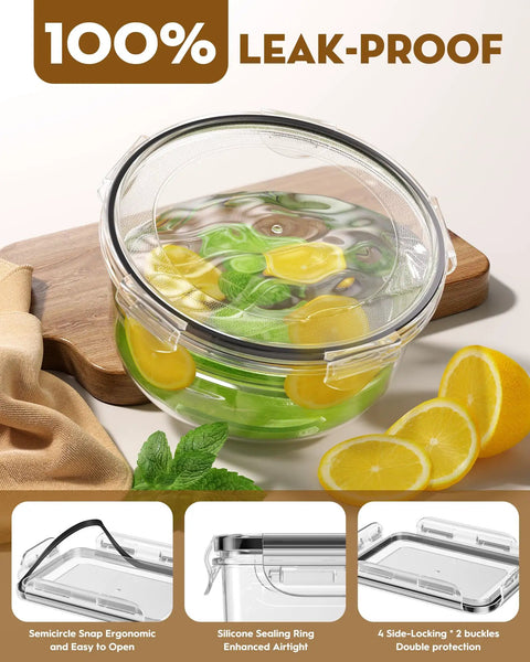 40 Piece Food Storage Containers With Lids Airtight Set shown with lemons and mint, demonstrating leak-proof seal.