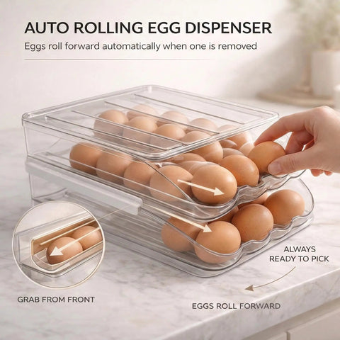 Clear stackable fridge egg dispenser with rolling auto dispense holds 36 eggs, shown with eggs auto-rolling in two layers