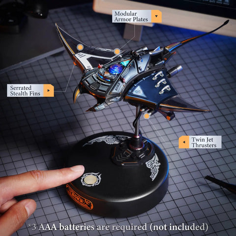 Manta Ray 3D Metal Puzzle Kit For Adults with serrated fins, modular plates, jet thrusters on display stand, finger pointing