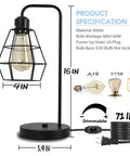 Black Edison Farmhouse Desk Lamp With Metal Cage Shade for nightstand showing dimensions and bulb compatibility