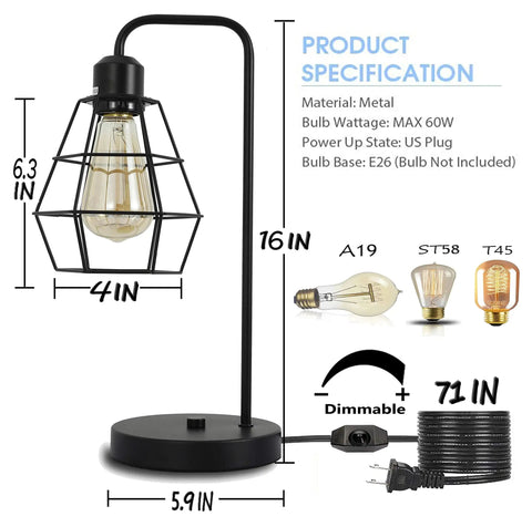 Black Edison Farmhouse Desk Lamp With Metal Cage Shade for nightstand showing dimensions and bulb compatibility