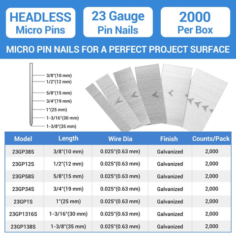 Pro Quality 23 Gauge Pin Nails 1 3/8 Inch Galvanized Micro Headless Pins Fits All Standard Nailers product specifications and sizes.