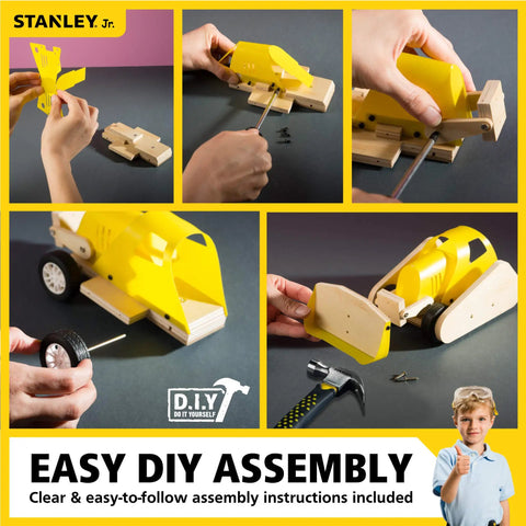 Sweet Wooden Bulldozer Model Kit For Kids Diy Construction Truck Toy Build And Play Hands On Family Fun Stem Workshop Educational Crafts showing assembly steps.