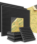 Pro Level Sound Proof Acoustic Panels 64 Pack 2X12X12 Peel And Stick High Density Pyramid Shape Noise Dampening Wall Tiles stacked with adhesive backing.