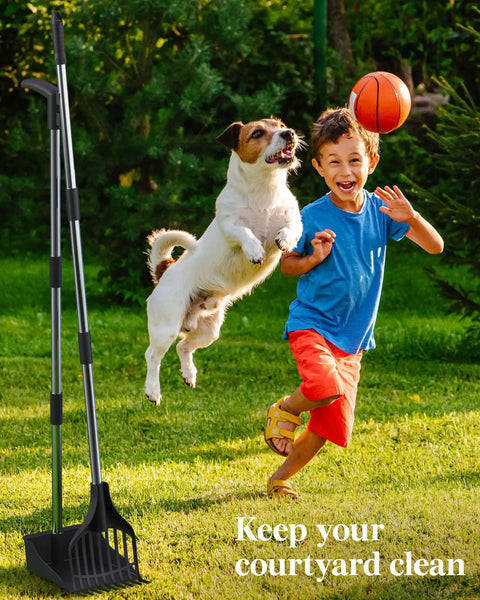 Long Reach Dog Pooper Scooper With Rake And Tray No Bending Cleanup For Medium And Small Dogs Adjustable Metal Pole