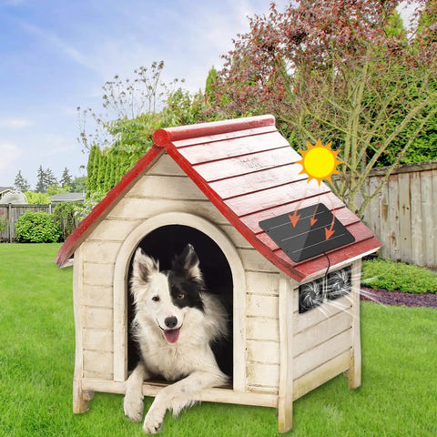 Solar Powered Fan Kit 12.6 Inch IPX7 Weatherproof With 15W Solar Panel on doghouse in backyard