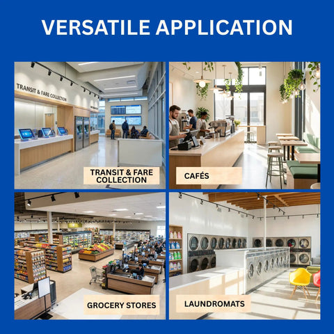 Image showcasing diverse applications of Aifieego High Speed Coin Counter Sorter And Wrapper Machine in transit stations, cafés, grocery stores, and laundromats.