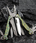 Ultra Lightweight Titanium Alloy Multitool Pliers With Camouflage Finish, 420 Stainless Steel Plier Head, shown opened on rocky surface.