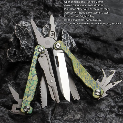 Ultra Lightweight Titanium Alloy Multitool Pliers With Camouflage Finish, 420 Stainless Steel Plier Head, shown opened on rocky surface.
