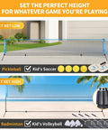 Portable 17ft Multi Sport Net Set for Backyard and Driveway, height adjustable, includes rackets, paddles, carry bag, setup low and high