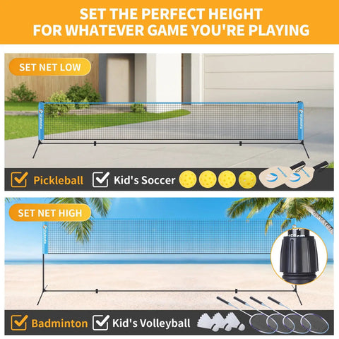 Portable 17ft Multi Sport Net Set for Backyard and Driveway, height adjustable, includes rackets, paddles, carry bag, setup low and high