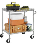 Heavy Duty 3 Tier Utility Cart With Wood Top, Steel Service Cart On Wheels, NSF Listed Food Service Trolley, 500 Lb Capacity, Industrial Strength Rolling Cart With Handle For Kitchen, Garage Or Shop loaded with tools and storage boxes