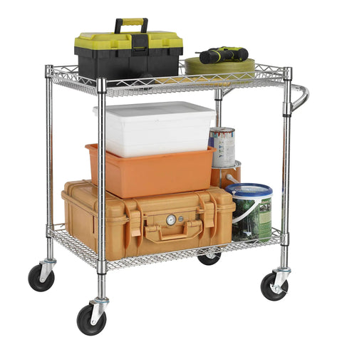 Heavy Duty 3 Tier Utility Cart With Wood Top, Steel Service Cart On Wheels, NSF Listed Food Service Trolley, 500 Lb Capacity, Industrial Strength Rolling Cart With Handle For Kitchen, Garage Or Shop loaded with tools and storage boxes