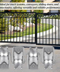 Stainless Steel Heavy Duty Wire Rope Pulley Block for Sliding Gates With V Groove Wheel showcased with gate backdrop
