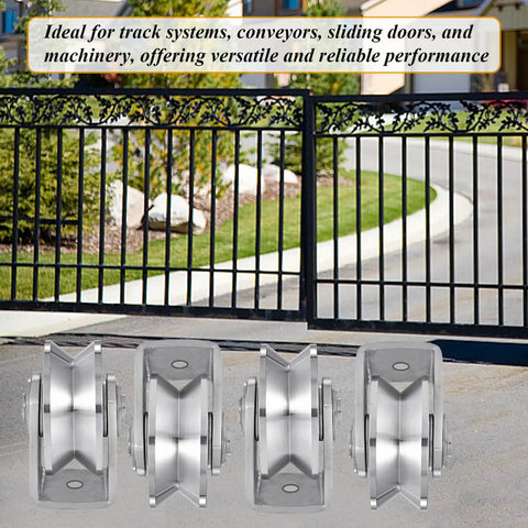 Stainless Steel Heavy Duty Wire Rope Pulley Block for Sliding Gates With V Groove Wheel showcased with gate backdrop