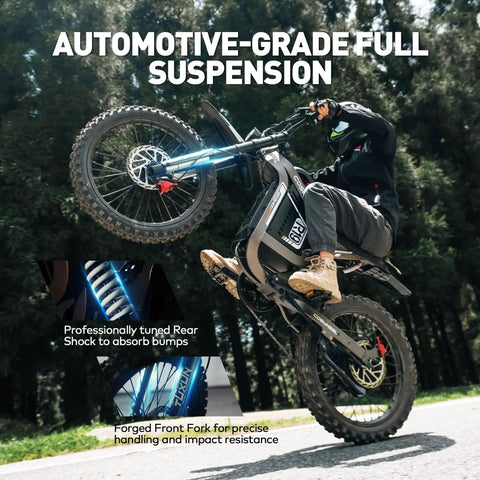 Heavy Duty Kickass 9000W Peak Motor Electric Dirt Bike showcasing automotive-grade full suspension and wheelie action.
