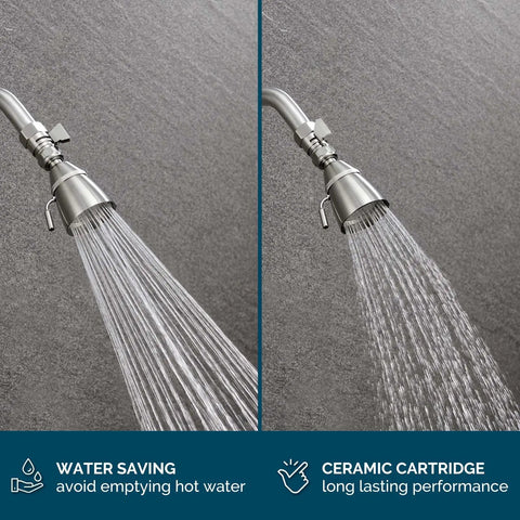 Water Flow Control Valve With Brass Shut Off For Dual Shower Faucets And RV Shower Head Hose No More Wasting Hot Water With Easy Flow Adjustment Brushed Nickel Finish shown in use.
