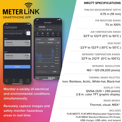 MR277 Moisture Meter With MSX Infrared Camera And Hygrometer For Building Inspection Quickly Spot Moisture Leaks And Insulation Voids With High Resolution Thermal Imaging And Pro Grade Diagnostics specs graphic with app screens
