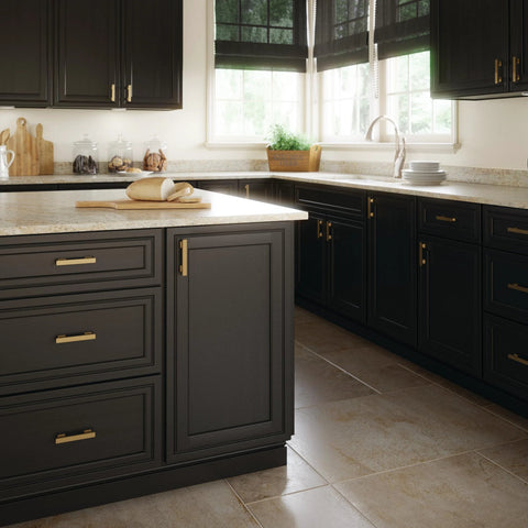 Kitchen with black cabinets fitted with Champagne Bronze Cabinet Handles 10 Pack 3 Inch 76mm Center To Center Traditional Drawer Pulls.