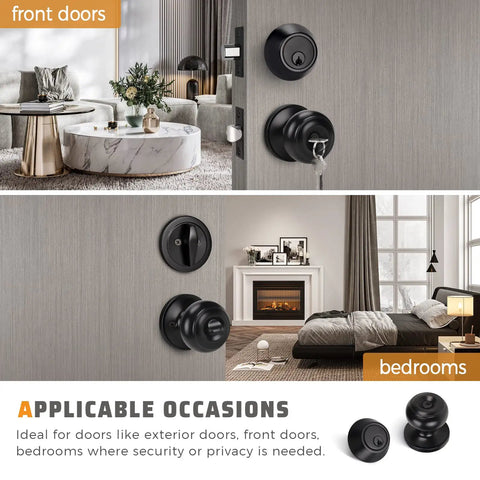 3 Pack Keyed Alike Entry Door Knobs And Single Cylinder Deadbolt Lock Set For Exterior Front Doors Matte Black Finish in home settings