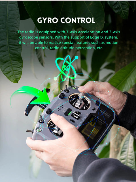 Pro Grade ELRS FPV Radio Transmitter With OpenTX EdgeTX Support CNC Hall Gimbals held by a person, showing control details