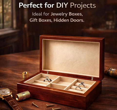 Open wooden jewelry box with 8 Pcs 8mm Solid Brass Hidden Barrel Hinges With Matching Drill Bit And Screws on table.