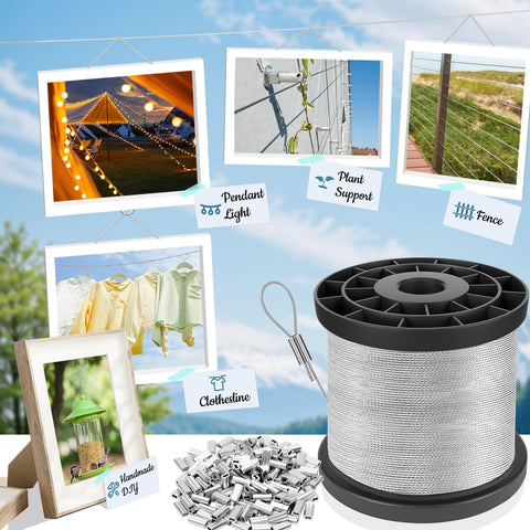 Heavy Duty Stainless Steel Wire Rope Kit 400 Ft Long 1/32 Inch Cable With 100 Aluminum Sleeve Stops for string lights, clotheslines.