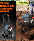 Beast 46cc 4 Cycle Gas Powered Tiller Cultivator with foldable handles in action on vegetable bed, 15 inch width, 8 inch depth.