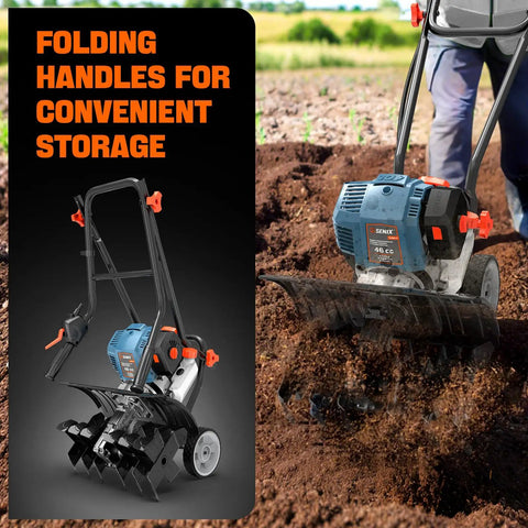 Beast 46cc 4 Cycle Gas Powered Tiller Cultivator with foldable handles in action on vegetable bed, 15 inch width, 8 inch depth.