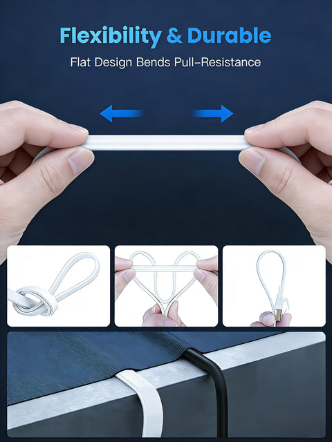 Hands bending Ultra Fast Cat8 Ethernet Cable 3ft Flat Shielded STP RJ45, under carpet example, white