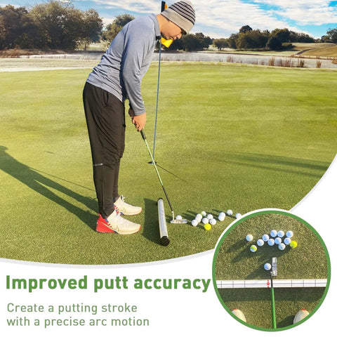 Golfer using 35.4 inch Long Reach Golf Ball Retriever With Shag Tube And Easy Release, durable plastic tool on the green, improving accuracy.