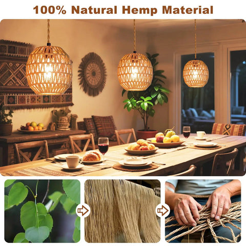 Handcrafted Rattan Pendant Light With Extended Plug In Cord And Simple Toggle Switch Brings Chill Weekend Vibes To Your Cozy Bedroom Or Living Room Egg Shade Fixture hanging in a warm dining area.