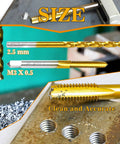 Heavy Duty M3x0.5 Tap And 2.5mm Drill Bit Kit with M2 HSS Drill and Tap Set for Metal close-up, titanium plated steel tools.