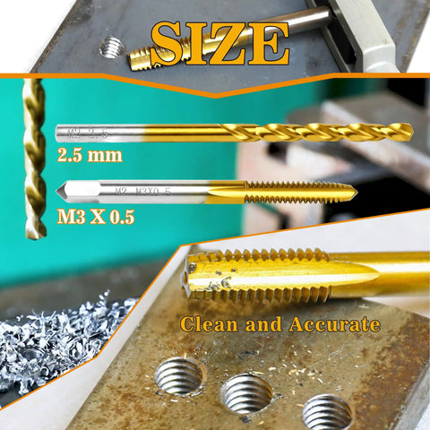 Heavy Duty M3x0.5 Tap And 2.5mm Drill Bit Kit with M2 HSS Drill and Tap Set for Metal close-up, titanium plated steel tools.